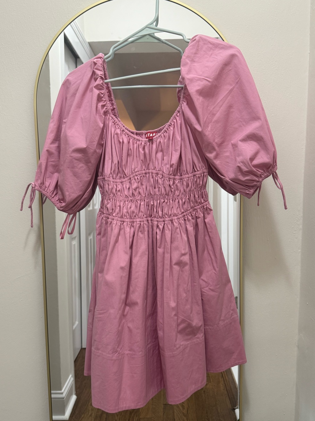 Staud Womens Faye Puff Sleeve Smocked Mini Dress Size S Small Pink With Ties